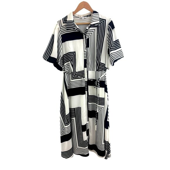 Nine West Black & White Print Satin Balloon Sleeve Midi Dress w/Tie Size XXL 20 - Picture 2 of 7